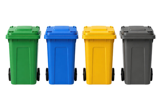 Four colored wheelie bins for recycling and waste