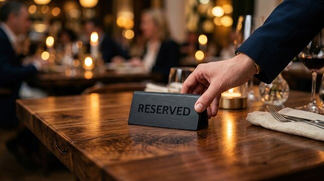 A hand places a black reserved sign on a wooden table in an upscale restaurant, with blurred diners and warm lighting in the background.