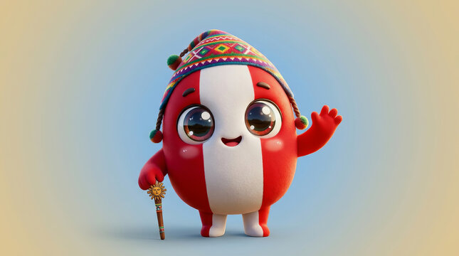 Cute red and white mascot wearing a colorful hat holding a staff waving in front of neutral background