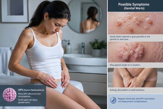 Educational medical infographic about HPV infection, genital warts symptoms, female reproductive health, prevention, vaccination awareness and sexual health concept