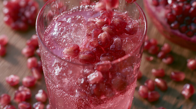Close-up of a glass filled with a pink-colored drink. the drink appears to be a pomegranate-flavored cocktail, as there are small pieces of pomegrate scattered around the glass.