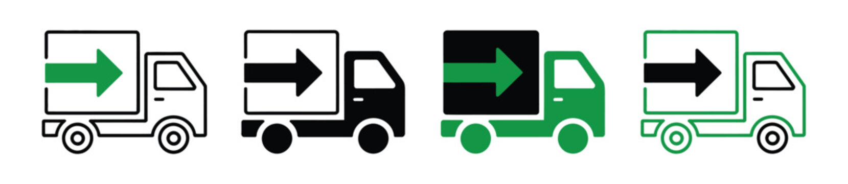 Delivery truck icon set, logistics and shipping vehicle symbols with directional arrows for transportation services and courier vector design.