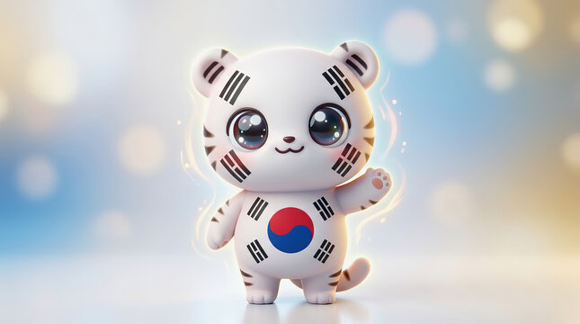 Cute white tiger mascot wearing South Korean flag colors and patterns with waving paw against soft bokeh background for Copa do Mundo theme