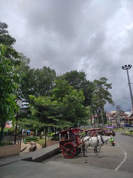 Traditional horse-drawn carriage or bendi parked on the roadside in Bukittinggi, Indonesia
