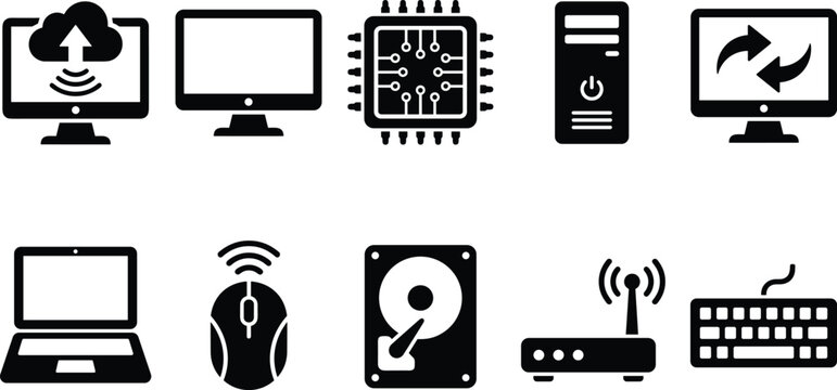 Computer hardware and network connection icons set including processors monitors storage and connectivity.