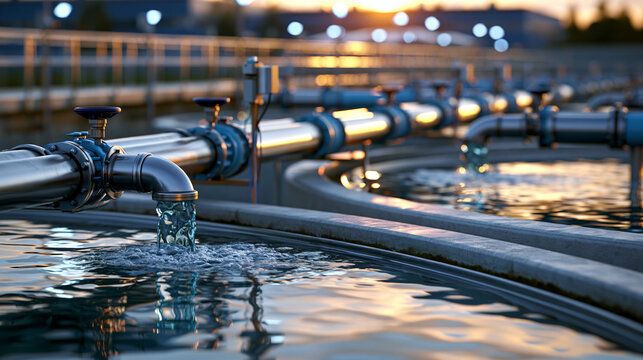 Large industrial wastewater settling basins with calm reflective water, treatment pipes and monitoring sensors at an urban water facility