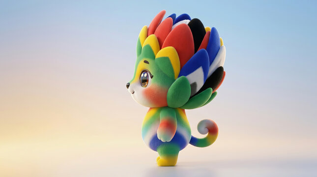 Colorful mascot character with rainbow mane and flag inspired body parts stands against soft gradient sky background in studio setting