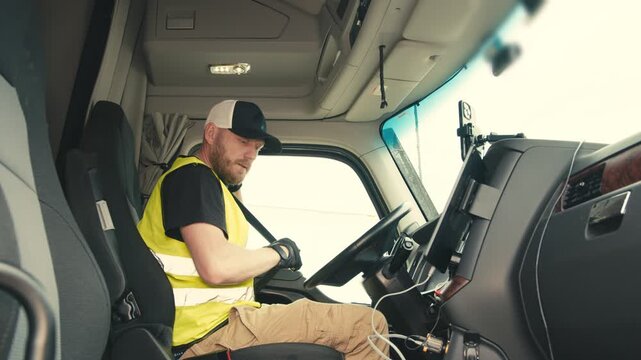Truck driver fastening seatbelt before driving