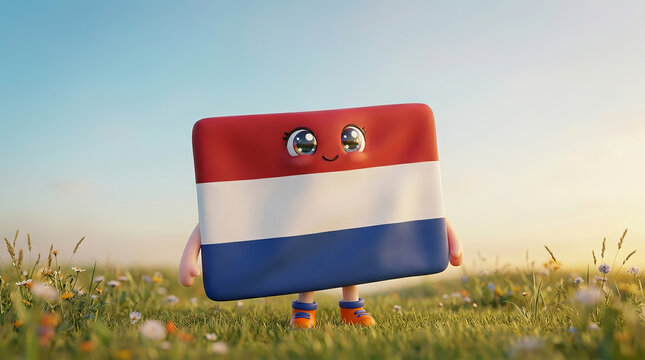 Cute animated mascot shaped like the Netherlands flag stands in a sunny meadow with flowers and blue sky background.