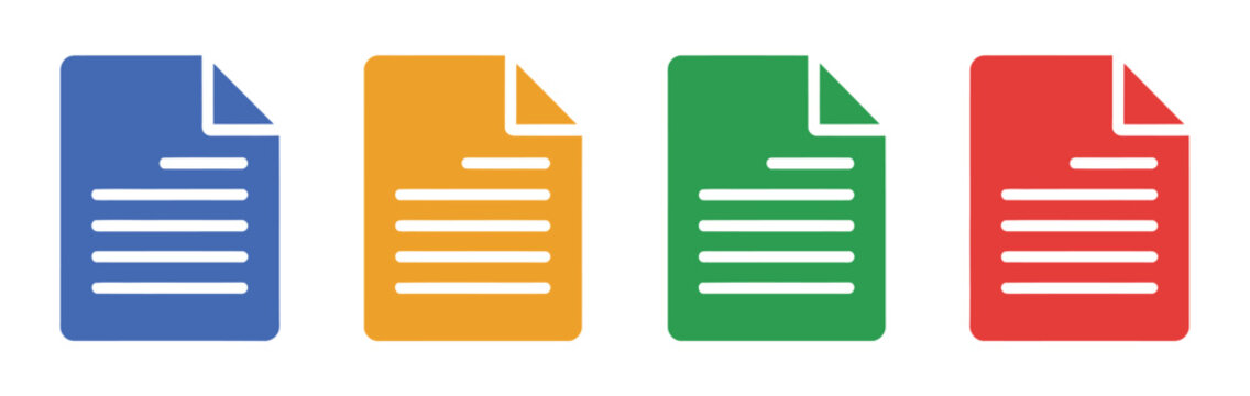 Document file icon collection, colorful paper and report symbols for office documents, digital files, business records and information management.