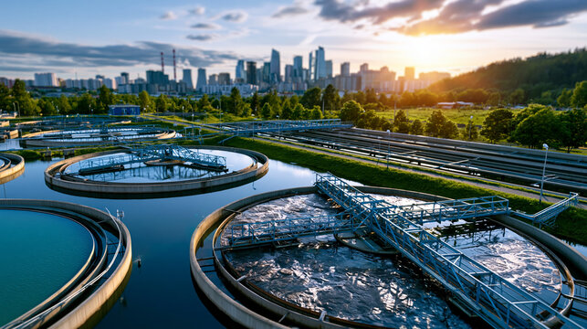 Modern wastewater treatment plant with circular clarifiers and aeration tanks, blue water, green landscape, and city skyline in the background, clean environmental mood