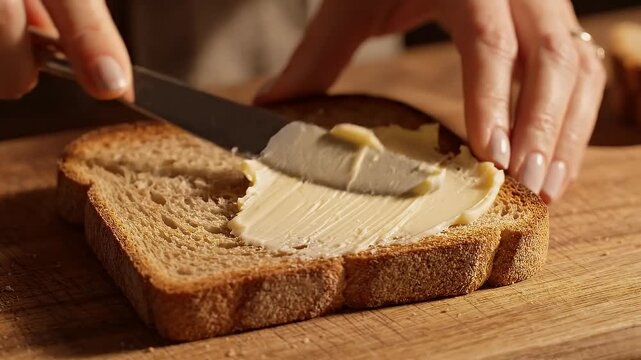 spreading creamy butter on whole wheat bread slice, close-up, kitchen scene, food preparation