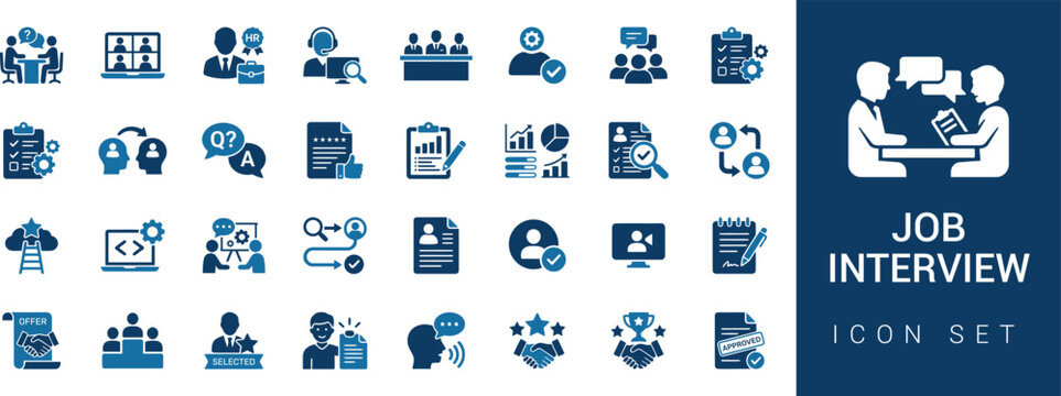 Job Interview Icon Set - Recruitment, HR Hiring Process and Candidate Interview Solid Vector Icons