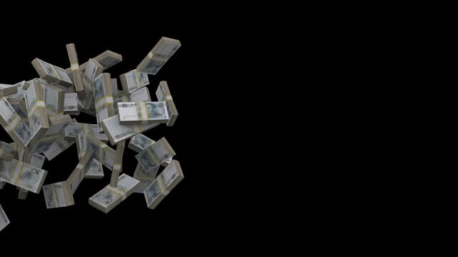 3D Animation of Rolling 10 Chinese Yuan Banknote Stacks Moving Across Black Background