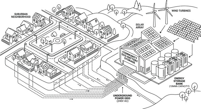 Isometric green energy power plant and neighborhood vector, sustainable eco friendly community infrastructure, solar array grid line art illustration.