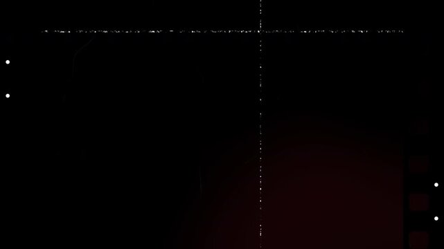 Vintage film overlay with scratches and dust on a dark purple and red gradient background featuring analog film strip borders and glitchy textures for cinematic effects