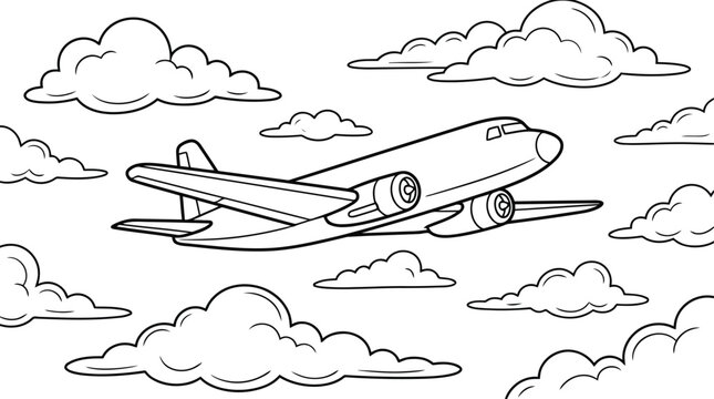 Black and white cartoon airplane flying through fluffy clouds aircraft travel