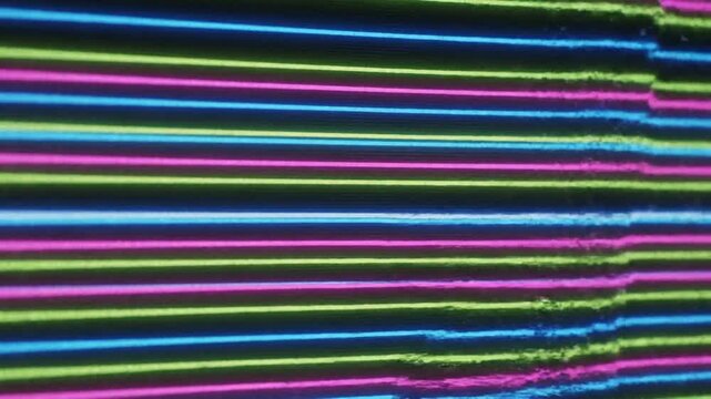 Abstract digital with horizontal neon stripes in blue pink and yellow interspersed with fragmented textured shapes creating a vibrant and energetic visual effect Keywords: abstract, digital, neon
