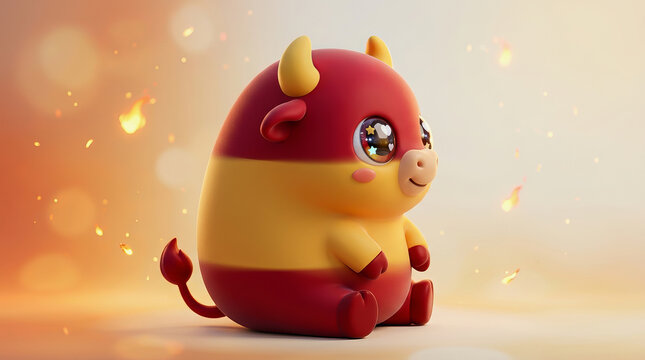 Cute cartoon devil mascot with red and yellow stripes representing Brazil flag colors sitting in warm glowing background