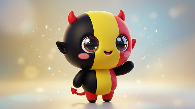 Cute cartoon devil mascot wearing Belgium national team jersey colors with horns and tail standing against soft bokeh background