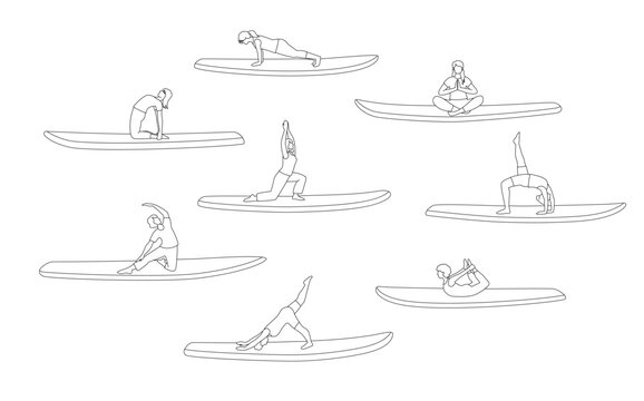 Set of women practicing SUP yoga poses on paddle boards. Minimal outline vector collection of balance, meditation and fitness exercises isolated on white background.