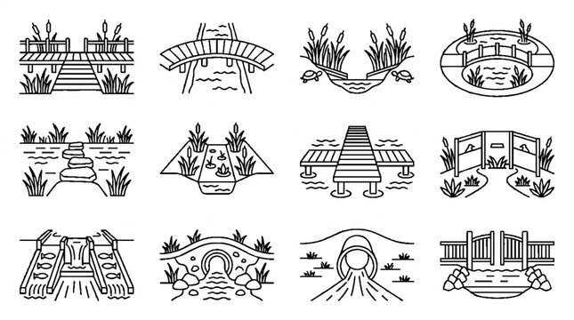 Collection of garden bridge and pond landscape line art icons and illustrations.