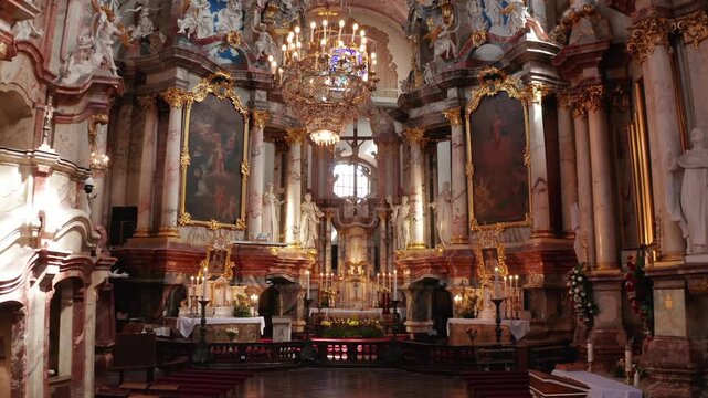 Vilnius, Lithuania &ndash; June 26, 2026: Drone view inside Dominican Church of the Holy Spirit highlighting the main altar