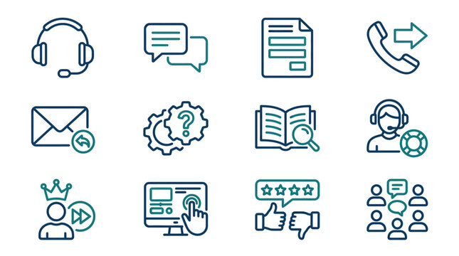 Customer Support Icon Collection Minimalist Design with Operator Headset Chat Conversation Contact Form Callback Email and FAQ Assistance Symbols