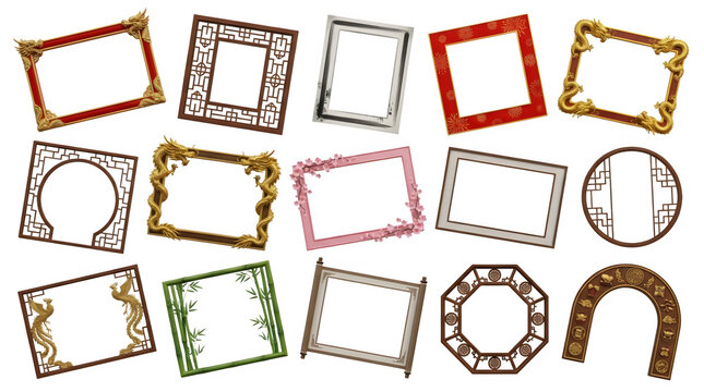 Set of traditional chinese style decorative photo frames, ornate oriental borders with dragons, bamboo, flowers and geometric patterns isolated on transparent background