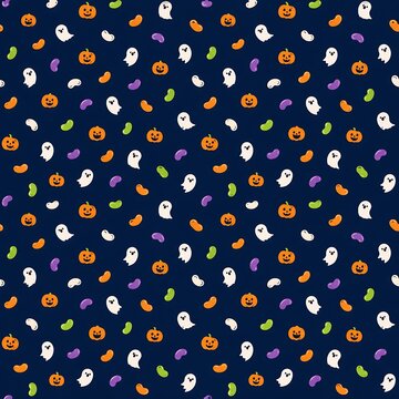 Halloween seamless pattern with cute ghosts pumpkins and colorful jelly beans candy on dark blue background vector illustration