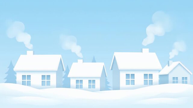 Winter houses in a snowy village with smoke rising from chimneys