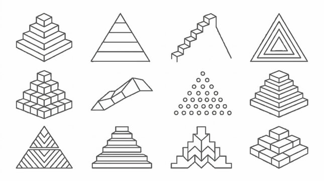 Collection of geometric pyramid icons and isometric step diagrams in thin line style.