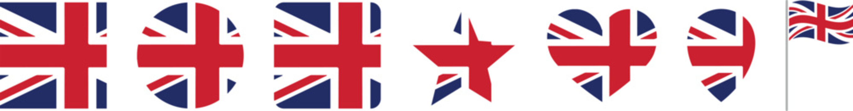 United Kingdom flag icon set in circle, star, heart, and rectangle shapes. British national symbols suit travel, patriotic, and identity design. Colorful flat vector collection ideal for web, badge