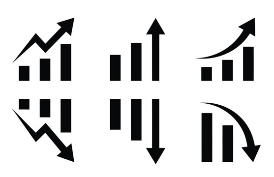 Business growth and decline chart icons, financial market trend arrows, black vector bar graph set for data analysis and stock trading