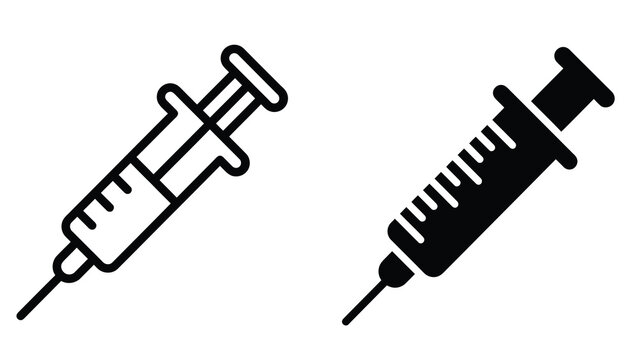 Medical syringe icons set, black outline and solid silhouette injection needle vectors, healthcare vaccination and clinical treatment symbols