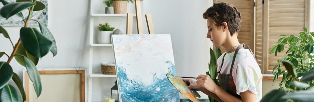 A young woman enjoys her artistic hobby, painting a vibrant piece in her welcoming home filled with plants, banner