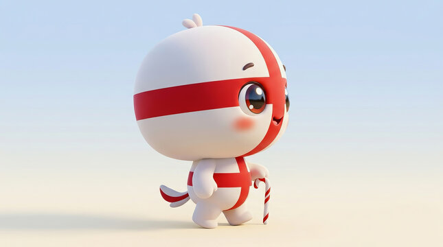 Cute cartoon mascot character with red and white striped body walking against a soft blue sky background in bright daylight