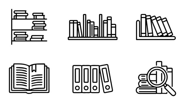 Library, book icons, education symbols, line style, 6 pcs