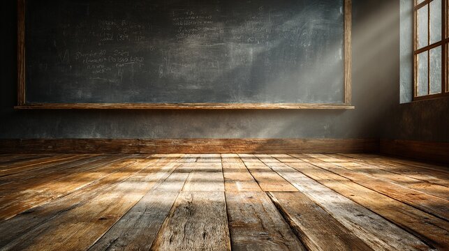 Moody schoolroom interior with blackboard, sunlight, and aged wooden floor creating a vintage atmosphere for learning and reflection.