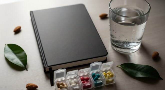 Medication organization with pill boxes, glass of water, and black notebook on table. Medication includes various colored capsules and tablets with a glass of water.