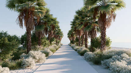 Obraz premium Long, straight pathway lined with tall palm trees on both sides. the pathway is made of concrete and is surrounded by a variety of plants and shrubs.