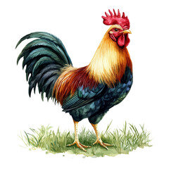 Rooster, high quality watercolor illustration with transparent textures, isolated on a white background. © soltrex