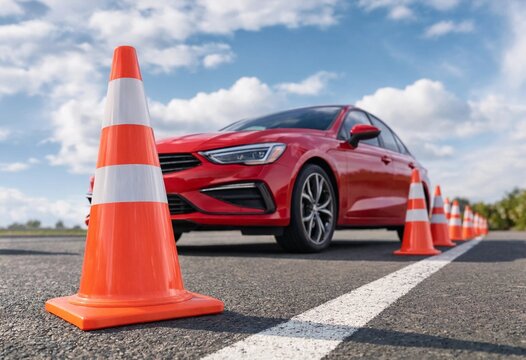 Driving school parking lot featuring red traffic cones for student driver training, safe vehicle practice, road safety education, maneuvering lessons, and licensing preparation outdoors.