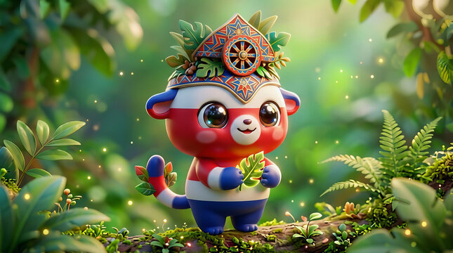 Cute cartoon mascot character wearing a colorful headdress and holding green leaves in a lush forest setting with bokeh lights