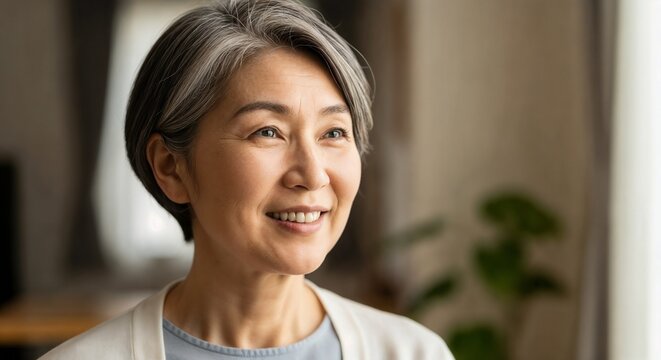 Elderly Asian woman models mental wellness in aging. Her tranquil smile reflects positive mental wellness in aging, fostering balanced living. Useful for campaigns promoting mental wellness in aging.