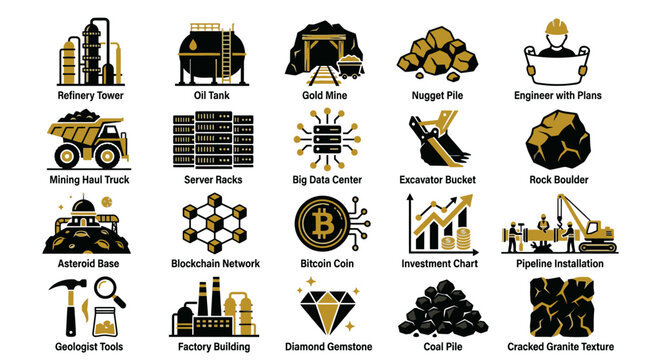 Cryptocurrency and mining icons set.