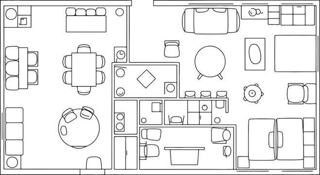 Top view apartment layout for house design architectural plan, home furniture in blueprint style, floor plan with various pieces of modern and classic room decor.
