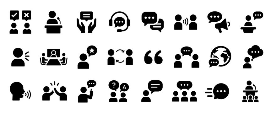 Speaking icon set black style. Communication symbol glyph collection. Editable pictograms for speech, dialogue, opinion, discussion, feedback, meeting, support, message and public speaking design.