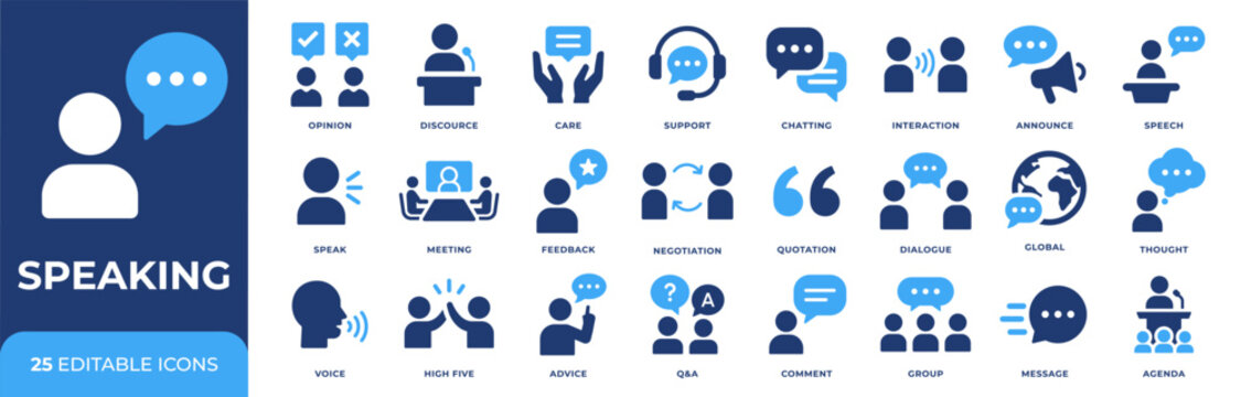 Speaking icon set. Communication symbol collection. Editable pictograms for speech, dialogue, opinion, discussion, feedback, meeting, support, message and public speaking design.