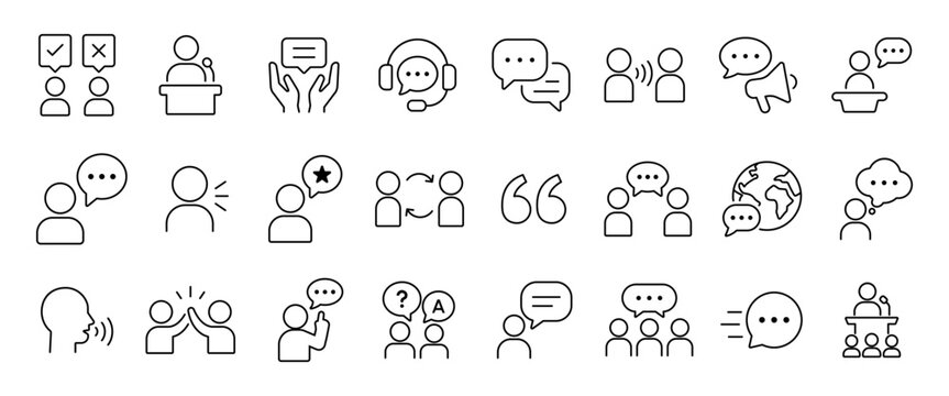 Speaking icon set line style. Communication symbol collection. Editable outline pictograms for speech, dialogue, opinion, discussion, feedback, meeting, support, message and public speaking design.